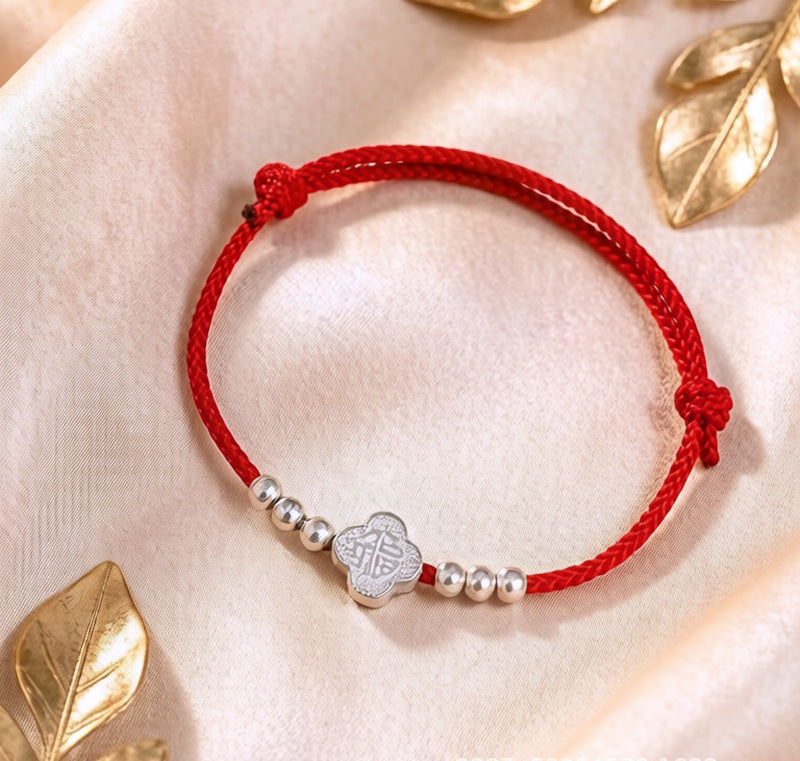 999 Fine Silver Fu Blessing Red String Bracelet with Four Leaf Clover