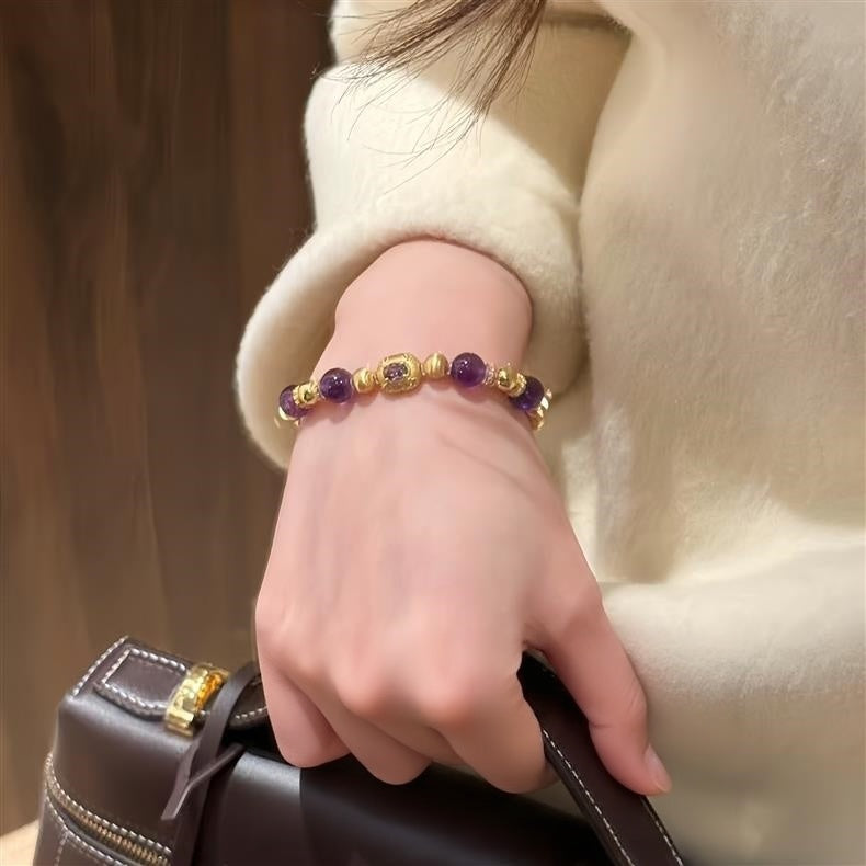 Natural Amethyst Bracelet with Brushed Gold-Tone and Sterling Silver Beads