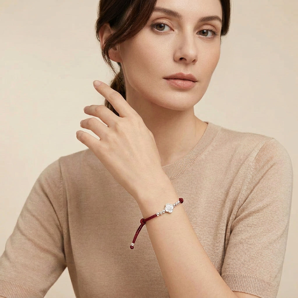 999 Fine Silver Fu Blessing Red String Bracelet with Four Leaf Clover
