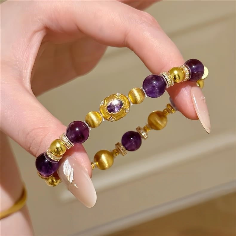 Natural Amethyst Bracelet with Brushed Gold-Tone and Sterling Silver Beads