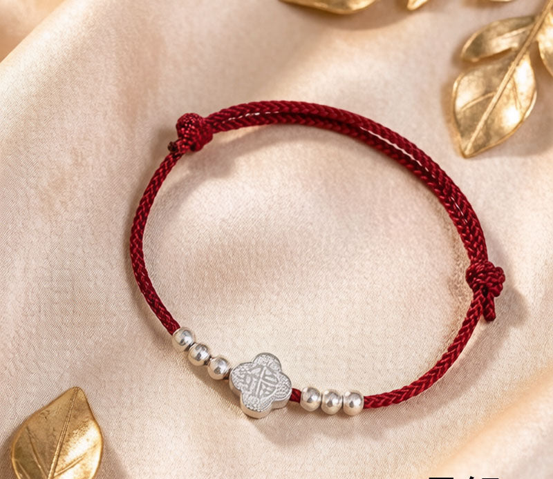999 Fine Silver Fu Blessing Red String Bracelet with Four Leaf Clover