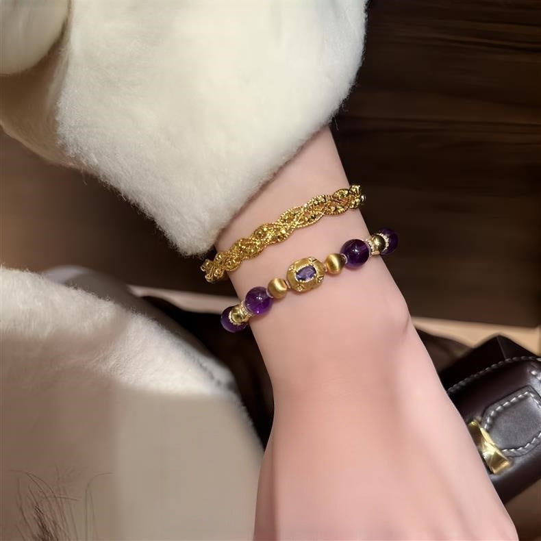 Natural Amethyst Bracelet with Brushed Gold-Tone and Sterling Silver Beads