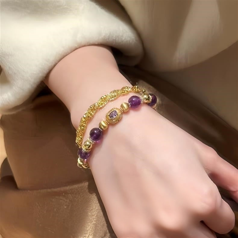 Natural Amethyst Bracelet with Brushed Gold-Tone and Sterling Silver Beads