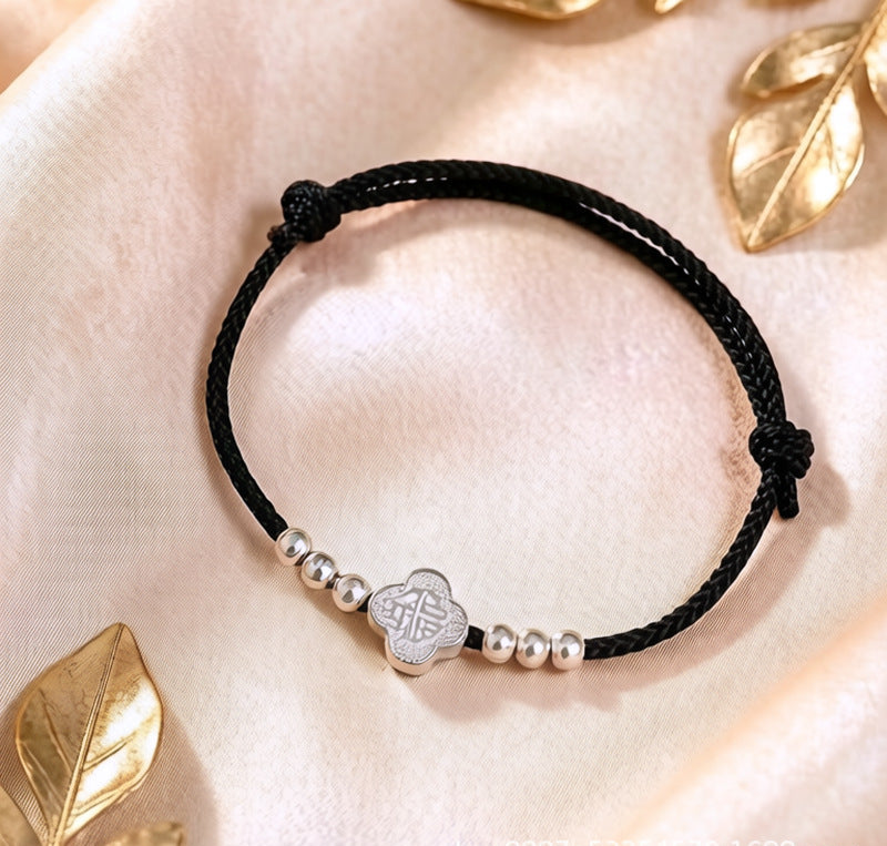 999 Fine Silver Fu Blessing Red String Bracelet with Four Leaf Clover