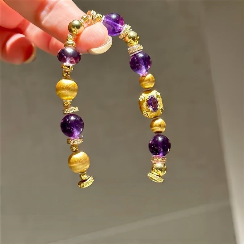 Natural Amethyst Bracelet with Brushed Gold-Tone and Sterling Silver Beads