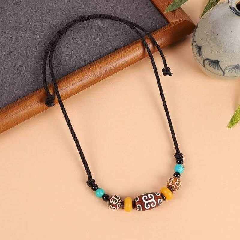 ZenHima Tibetan Agate, Turquoise, and Amber Dzi Bead Necklace