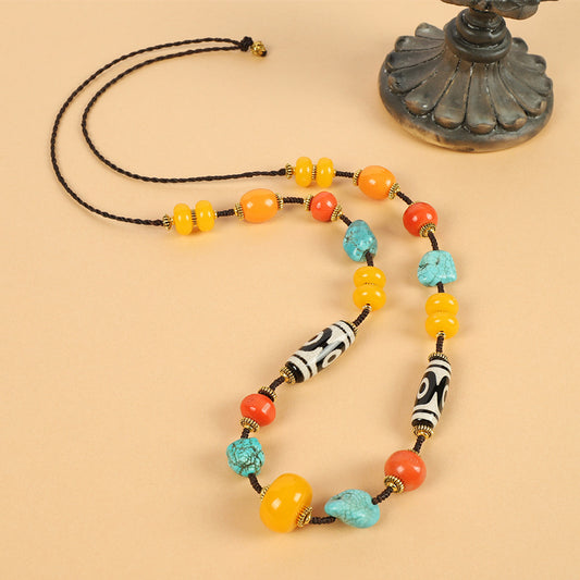 Tibetan Dzi Bead Necklace with Turquoise and Coral – Unisex Tibetan Accessory - ZENHIMA