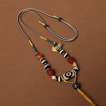 Tibetan Ethnic Style Handwoven Necklace Cord with Agate and Amber Dzi Beads - ZENHIMA