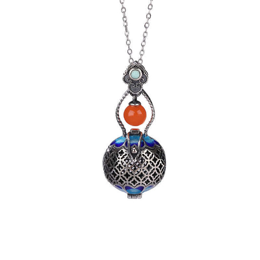 S925 Sterling Silver Hollow Gourd Amulet Pendant with Red Agate and Turquoise - ZENHIMA