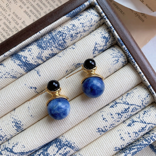 Minimalist Lapis Lazuli Double Bead Earrings