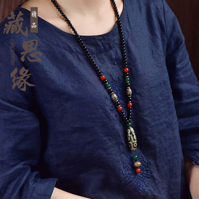 Tibetan Nine-Eyed Dzi Bead Pendant with Prayer Beads - ZENHIMA