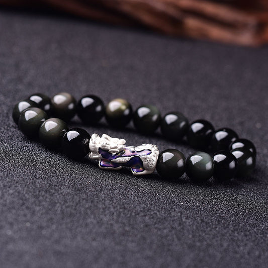 ZenHima Tibetan Black Obsidian & Crystal Pixiu Bracelet – 99 Silver Spiritual Mala - ZENHIMA