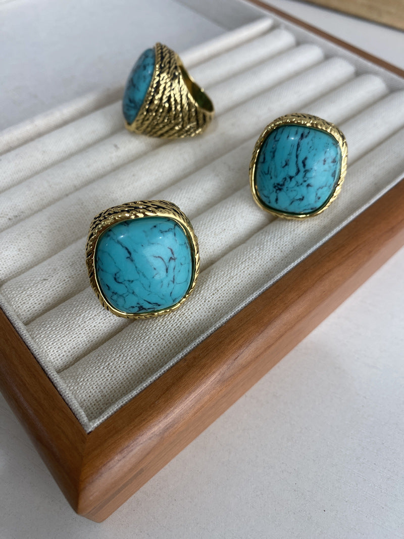 Turquoise and Pink Stone Vintage-Style Gem Ring - ZENHIMA
