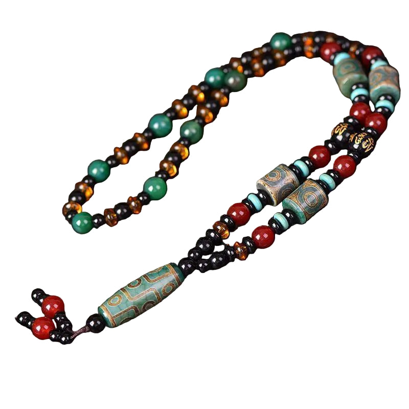 Natural Tibetan Wealth God Dzi Bead Necklace with Agate for Men - ZENHIMA