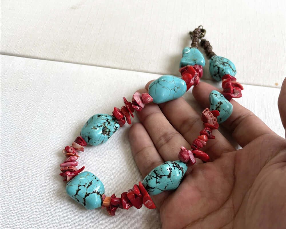ZenHima Tibetan Natural Turquoise Vintage Necklace with Handmade Red Coral - ZENHIMA