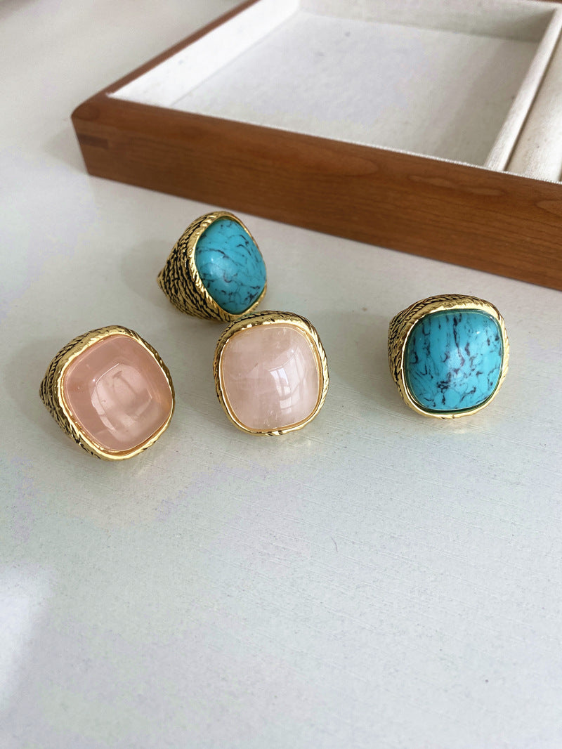 Turquoise and Pink Stone Vintage-Style Gem Ring - ZENHIMA
