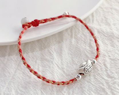 925 Silver Yuanbao Bracelet – Colorful Persimmon Orange Braided Stretch Bracelet