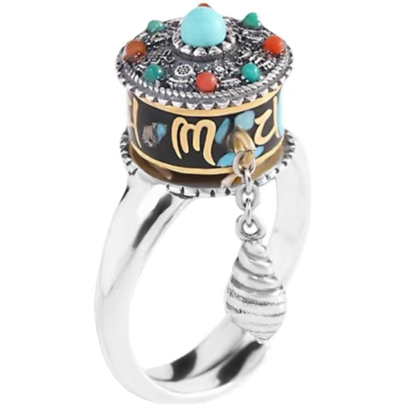 ZenHima Vintage Ethnic Six-Word Mantra Prayer Wheel Silver Ring - ZENHIMA