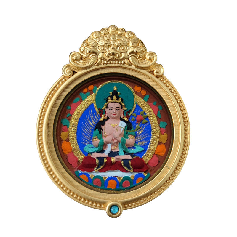 ZenHima Hand-painted Zakiram White Tara Mahasthamaprapta Yellow Wealth Rubbing Thangka Pendant - ZENHIMA