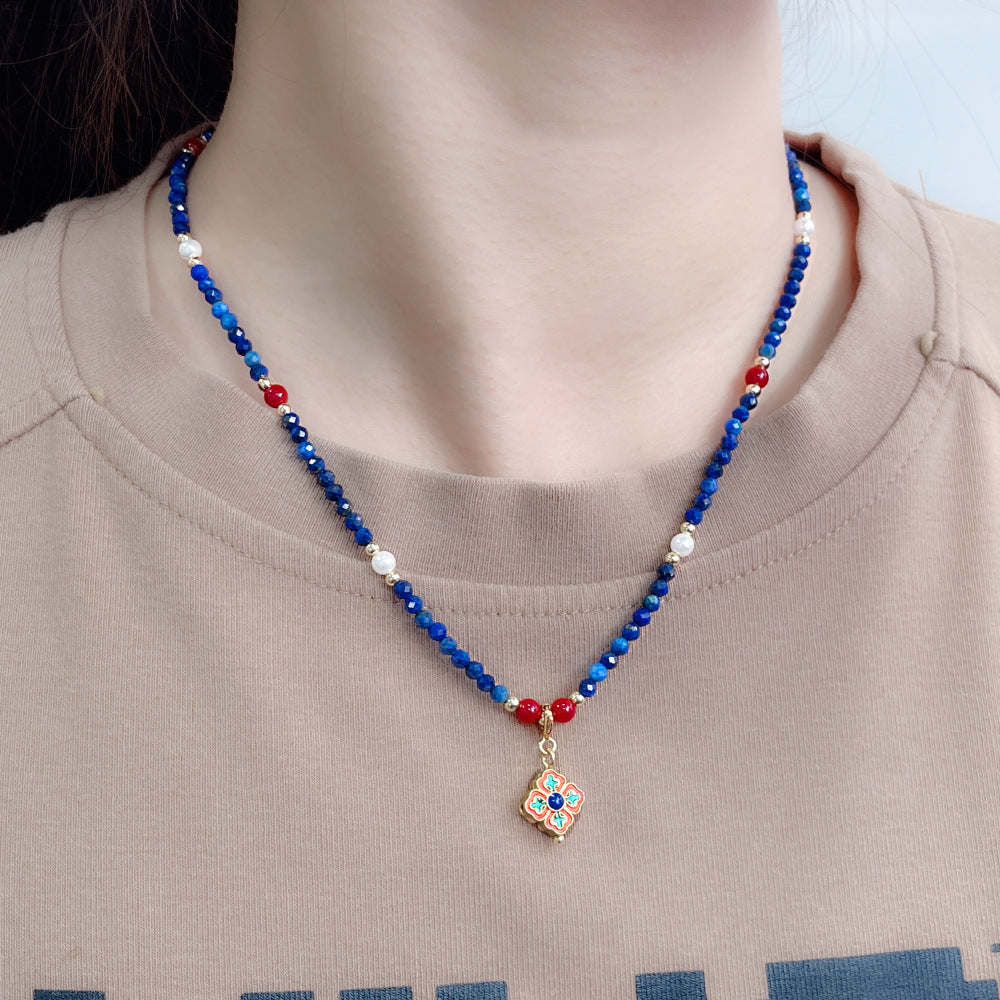 Natural Stone Handmade Collarbone Chain Lapis Lazuli Beaded Necklace
