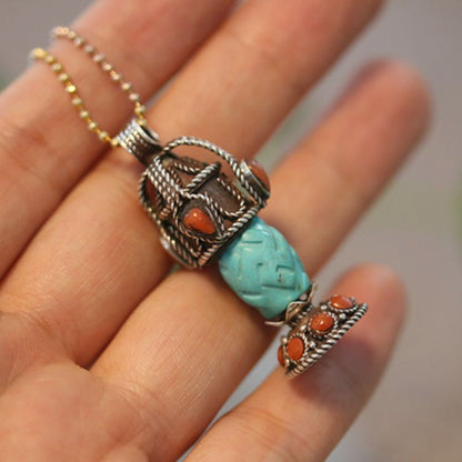 Tibetan Handmade Gau Box Pendant Necklace with Turquoise, Ruby and Silver - ZENHIMA