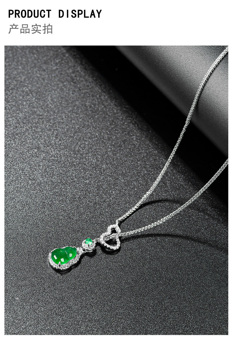 ZenHima Natural Jadeite Gourd Pendant – Vivid Green, S925 Silver Inlaid Ice Jade - ZENHIMA