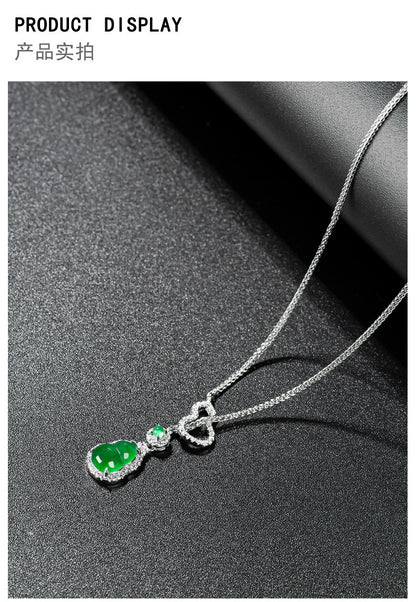 ZenHima Natural Jadeite Gourd Pendant – Vivid Green, S925 Silver Inlaid Ice Jade - ZENHIMA