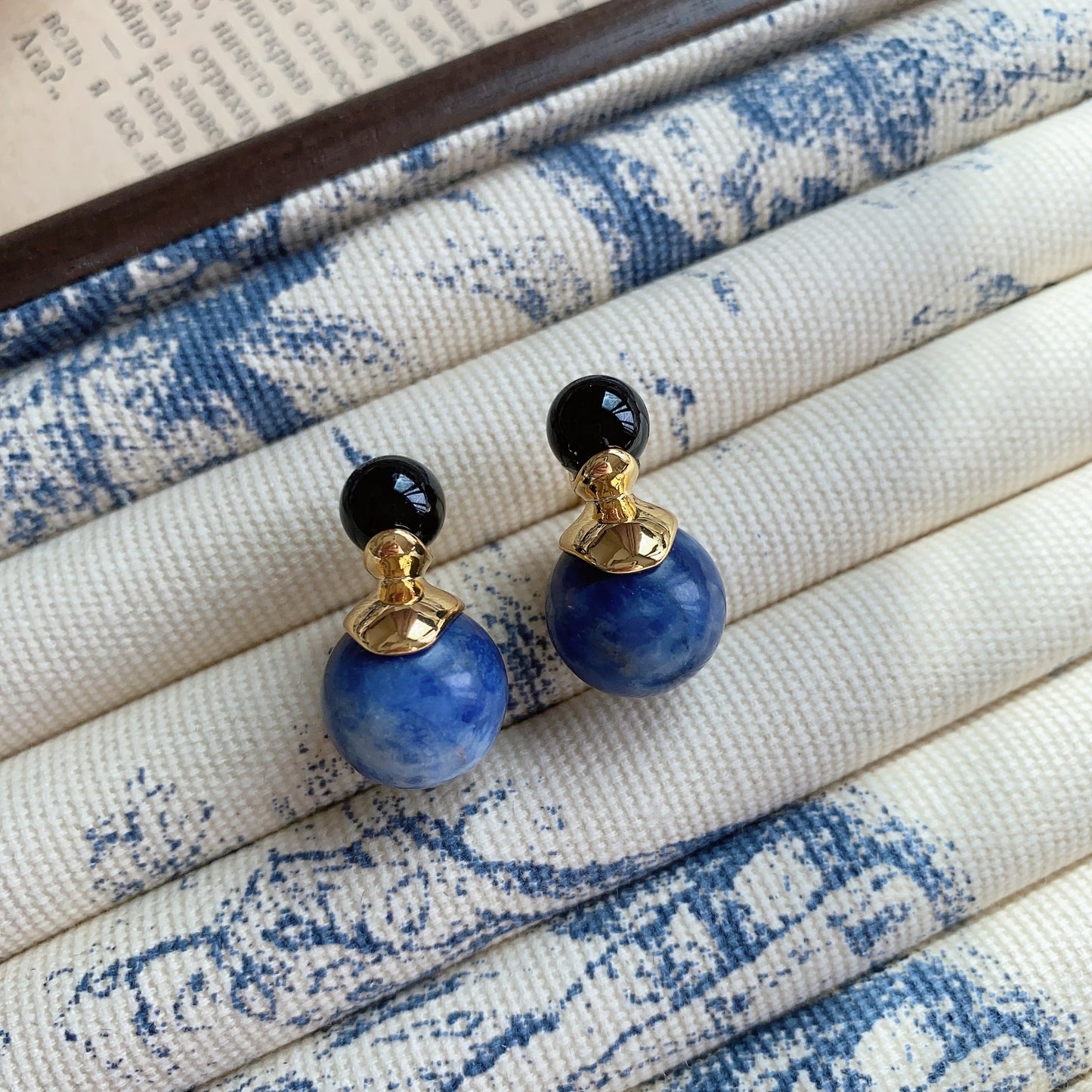 Minimalist Lapis Lazuli Double Bead Earrings