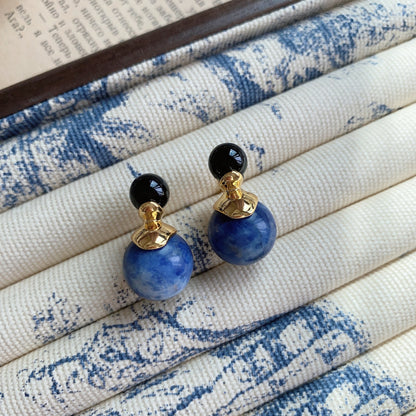 Minimalist Lapis Lazuli Double Bead Earrings