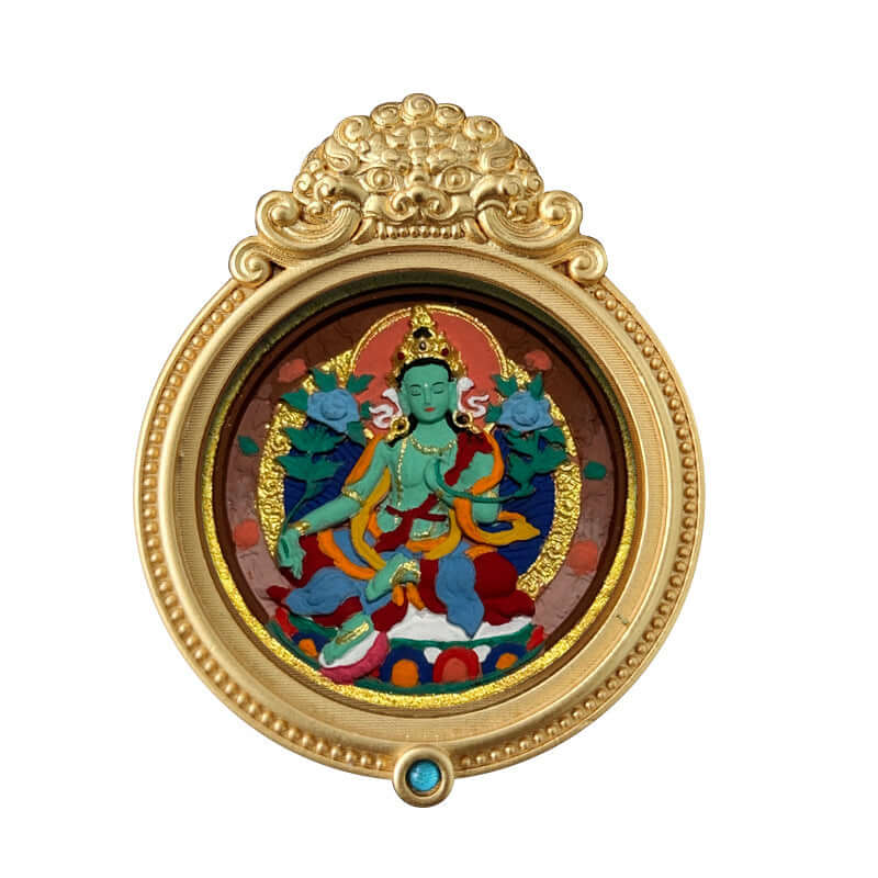 ZenHima Hand-painted Zakiram White Tara Mahasthamaprapta Yellow Wealth Rubbing Thangka Pendant - ZENHIMA