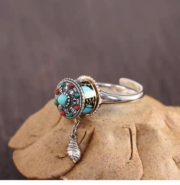 ZenHima Vintage Ethnic Six-Word Mantra Prayer Wheel Silver Ring - ZENHIMA
