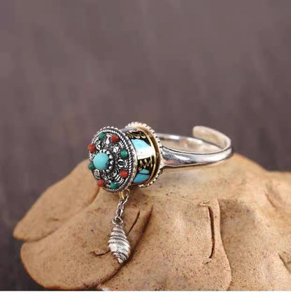 ZenHima Vintage Ethnic Six-Word Mantra Prayer Wheel Silver Ring - ZENHIMA