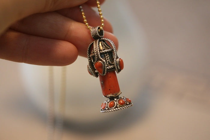 Tibetan Handmade Gau Box Pendant Necklace with Turquoise, Ruby and Silver - ZENHIMA