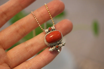 Tibetan Handmade Gau Box Pendant Necklace with Turquoise, Ruby and Silver - ZENHIMA