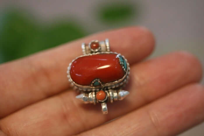 Tibetan Handmade Gau Box Pendant Necklace with Turquoise, Ruby and Silver - ZENHIMA