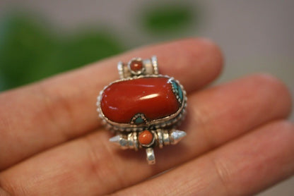 Tibetan Handmade Gau Box Pendant Necklace with Turquoise, Ruby and Silver - ZENHIMA