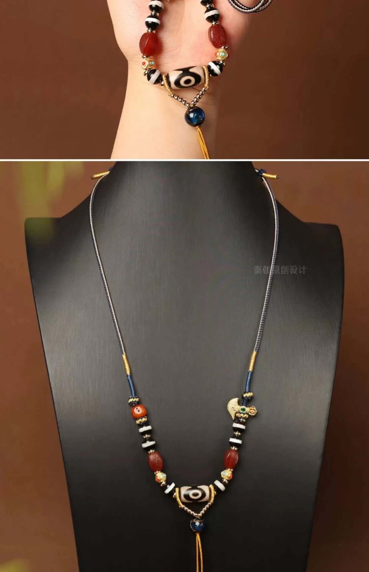 Tibetan Ethnic Style Handwoven Necklace Cord with Agate and Amber Dzi Beads - ZENHIMA