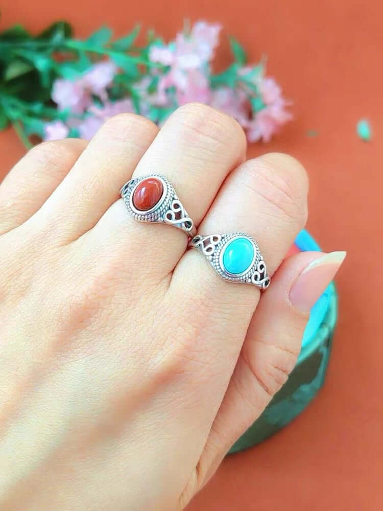 ZenHima 925 Sterling Silver Red Agate and Turquoise Adjustable Vintage Tibetan Ring - ZENHIMA