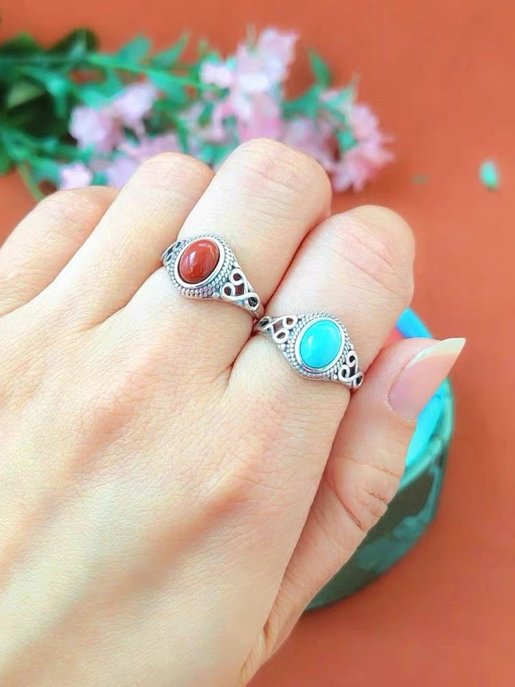 ZenHima 925 Sterling Silver Red Agate and Turquoise Adjustable Vintage Tibetan Ring - ZENHIMA