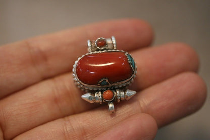 Tibetan Handmade Gau Box Pendant Necklace with Turquoise, Ruby and Silver - ZENHIMA