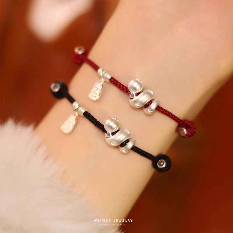 Coiled Snake 999 Fine Silver Red String Bracelet for Luck & Protection