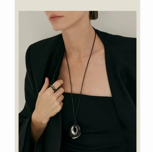 ZenHima Tibetan Black Obsidian Geometric Pendant Necklace – Spiritual Long Mala for Women - ZENHIMA