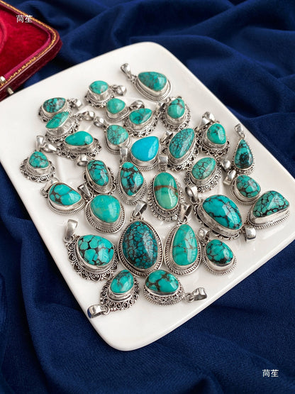 Nepal S925 Sterling Silver Handmade Tibetan Necklace with Turquoise Pendant - ZENHIMA