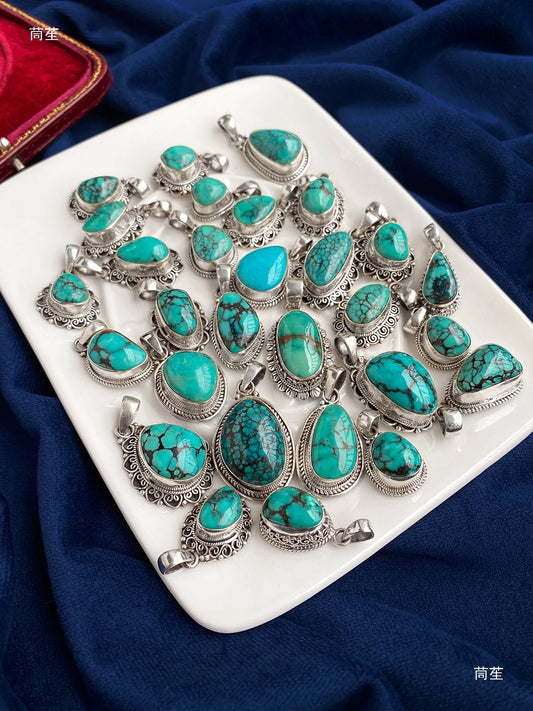 Nepal S925 Sterling Silver Handmade Tibetan Necklace with Turquoise Pendant - ZENHIMA