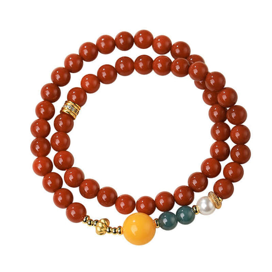 Natural Nanhong Agate Double-Strand Bracelet with Amber & Blue Jade Fortune Beads - ZENHIMA