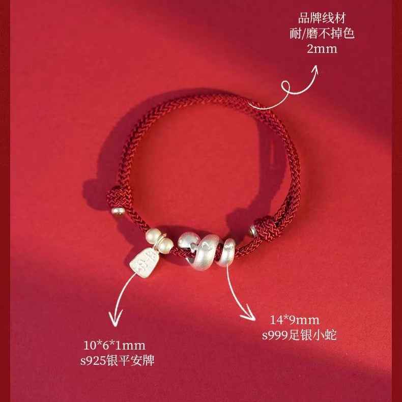 Coiled Snake 999 Fine Silver Red String Bracelet for Luck & Protection