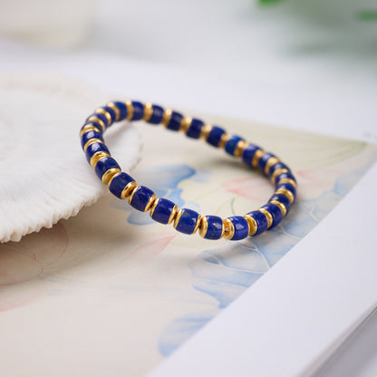 Natural Lapis Lazuli Barrel Bead Bracelet S925 Silver Straight Cut Tablet