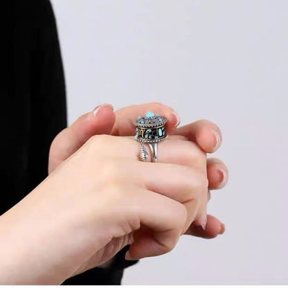 ZenHima Vintage Ethnic Six-Word Mantra Prayer Wheel Silver Ring - ZENHIMA
