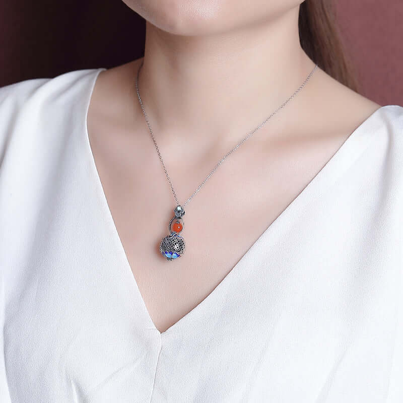 S925 Sterling Silver Hollow Gourd Amulet Pendant with Red Agate and Turquoise - ZENHIMA
