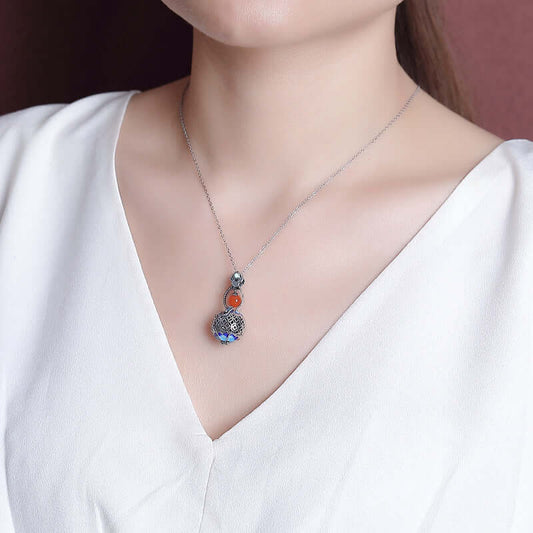 S925 Sterling Silver Hollow Gourd Amulet Pendant with Red Agate and Turquoise - ZENHIMA